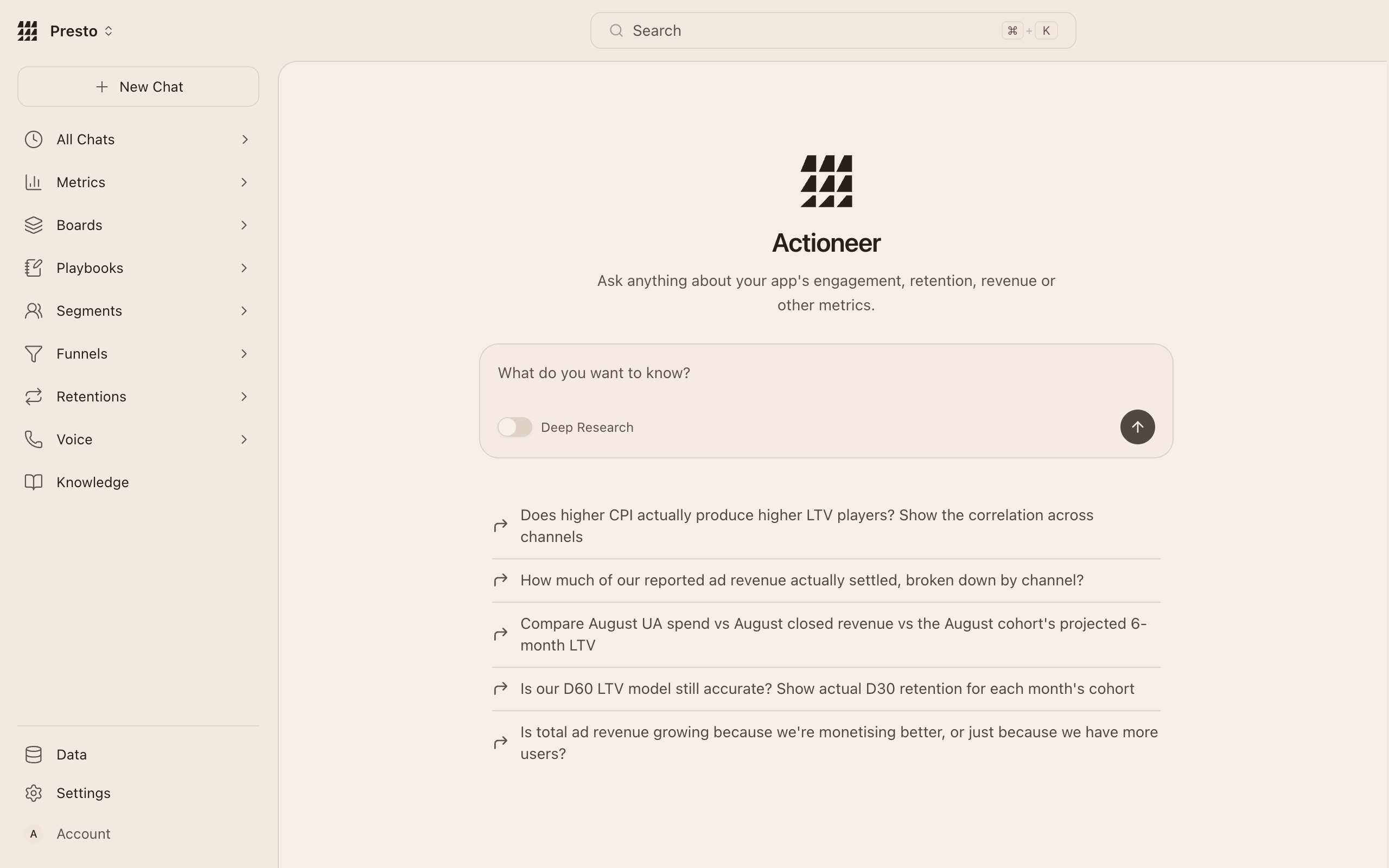 Actioneer conversational analytics — ask anything about your engagement, retention, and revenue metrics