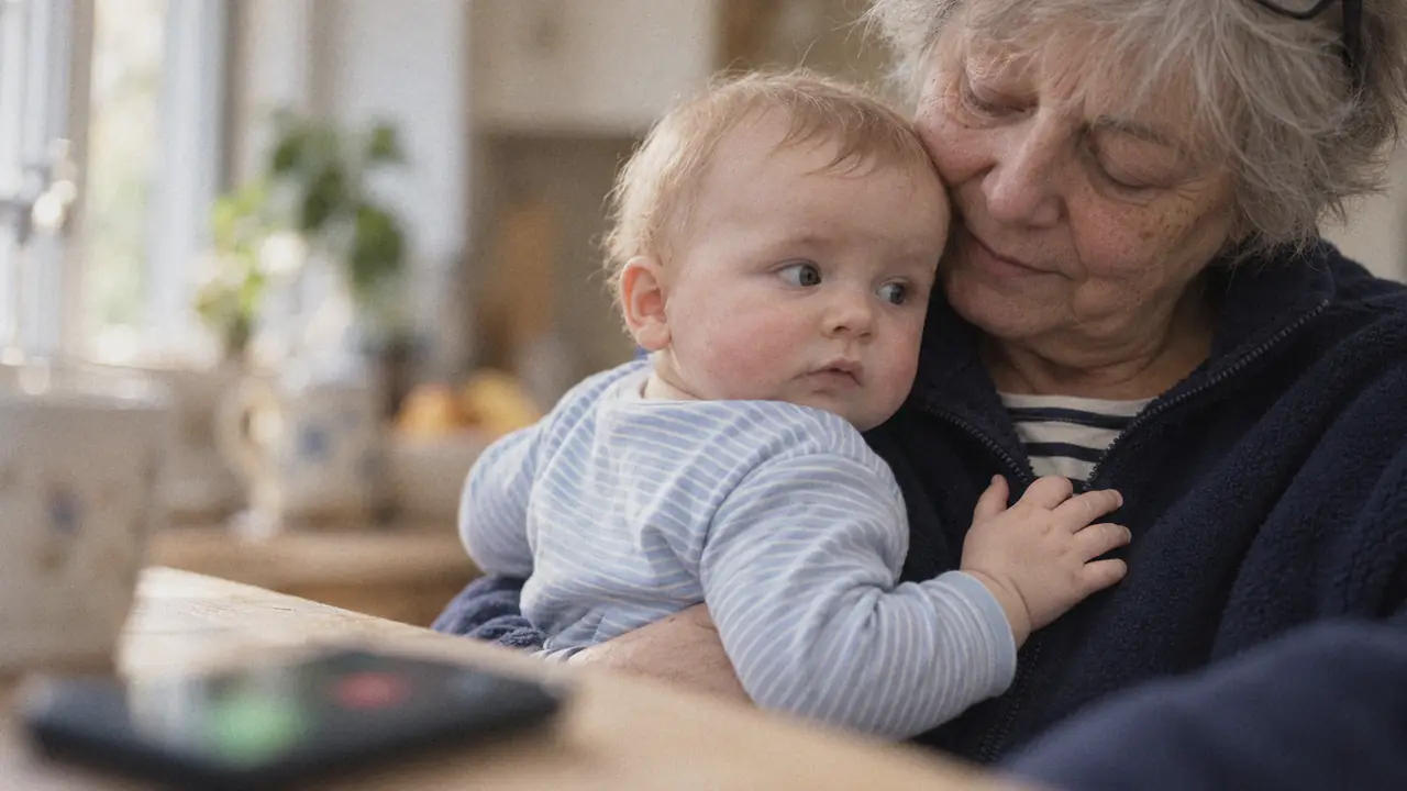 Maria holds her baby grandson against her shoulder in the kitchen while her phone rings on the table