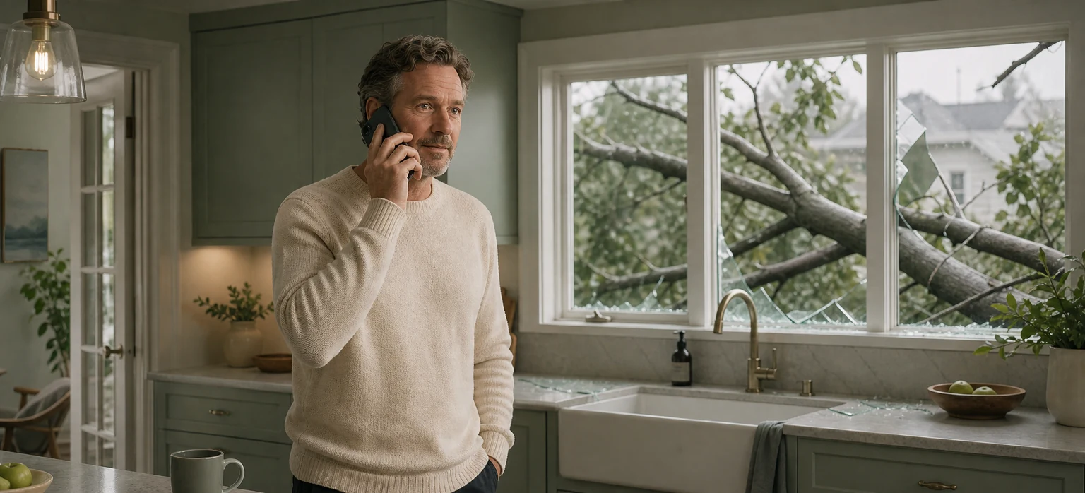 A homeowner on the phone in his kitchen after a storm brought a tree through the window.