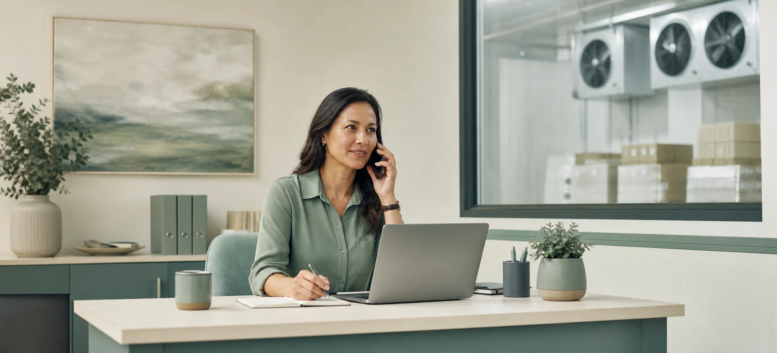 A business owner discussing equipment financing by phone at her office desk, with a refrigeration unit visible through the window.